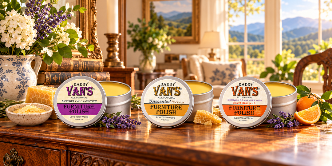 Daddy Van's All Natural Beeswax Furniture Polish three varieties on an antique table 